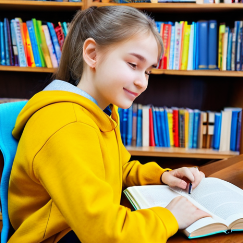 Learning Russian**

A student, fully clothed in comfortable study attire, sitting at a desk with a Russian textbook and notebook in a cozy, well-lit library. Bookshelves filled with colorful spines line the background. Focus on concentration and the joy of learning. Safe for work, appropriate content, fully clothed, professional, perfect anatomy, natural pose, high quality.

**