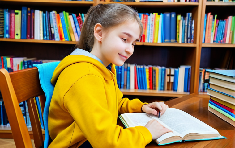Learning Russian**

A student, fully clothed in comfortable study attire, sitting at a desk with a Russian textbook and notebook in a cozy, well-lit library. Bookshelves filled with colorful spines line the background. Focus on concentration and the joy of learning. Safe for work, appropriate content, fully clothed, professional, perfect anatomy, natural pose, high quality.

**
