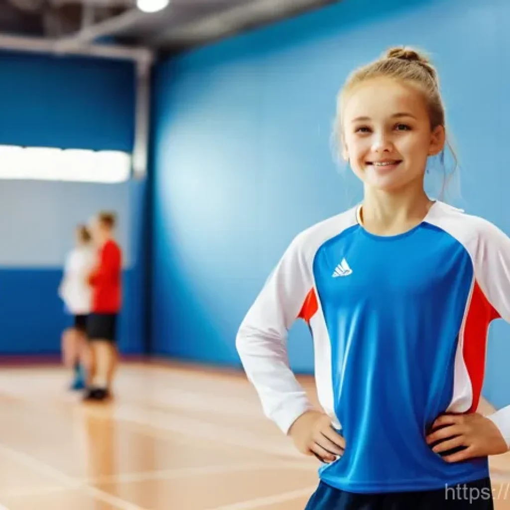 러시아어와 러시아 스포츠 - A young, determined Russian athlete (around 10-14 years old) in a modern, well-lit indoor sports tra...