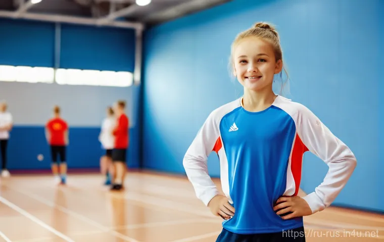 러시아어와 러시아 스포츠 - A young, determined Russian athlete (around 10-14 years old) in a modern, well-lit indoor sports tra...