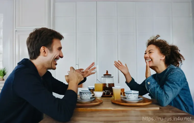 러시아어와 러시아 유머 - **Prompt:** A diverse group of adult Russian friends, fully clothed in contemporary casual wear, gat...