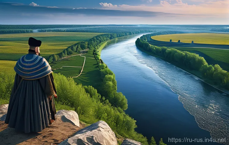러시아어와 우크라이나어 비교 - **Prompt:** A majestic allegorical scene depicting the divergence of two great linguistic rivers. In...