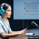 러시아어 통역 기법 - A professional simultaneous interpreter in a modern conference room, wearing smart business attire a...