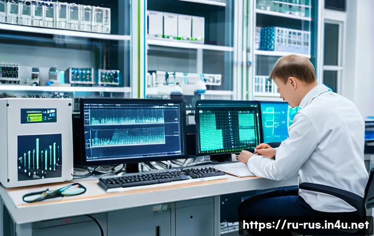 러시아어와 러시아 전자공학 - A high-tech Russian electronics laboratory featuring engineers in professional attire working on sil...