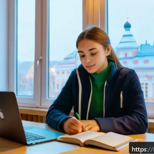 Home 33 러시아어 무료 학습 자료 - A cozy study room scene showing a young Russian language learner at a wooden desk with a laptop open...