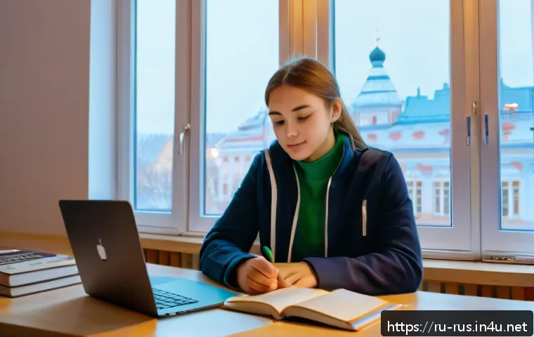 러시아어 무료 학습 자료 - A cozy study room scene showing a young Russian language learner at a wooden desk with a laptop open...