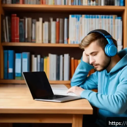 Home 32 러시아어 강세 연습법 - A cozy study room scene featuring a young adult Russian language learner sitting at a wooden desk wi...