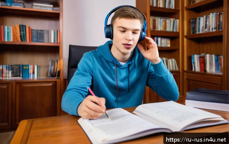 러시아어 발음 규칙 - A detailed educational scene of a Russian language learner practicing pronunciation in a cozy home s...