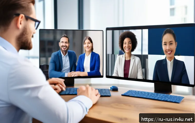 러시아어 번역 기술 - A modern international business meeting scene showing diverse professionals communicating via video ...