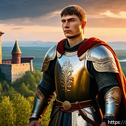 Home 17 러시아어와 러시아 민속 - A detailed illustration of the heroic figure Ilya Muromets standing proudly in traditional Russian m...