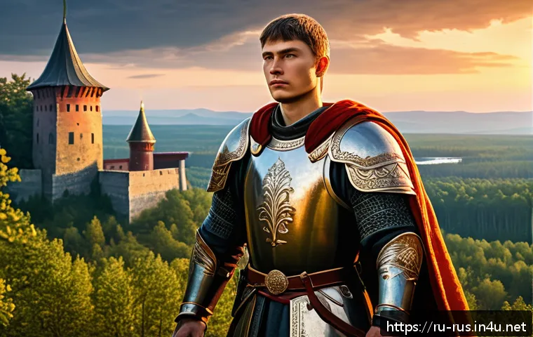러시아어와 러시아 민속 - A detailed illustration of the heroic figure Ilya Muromets standing proudly in traditional Russian m...