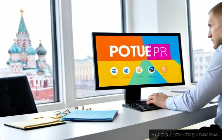Home 17 러시아어와 러시아 광고 - Photorealistic Russian advertising studio, a Russian-speaking marketing specialist reviewing colorfu...