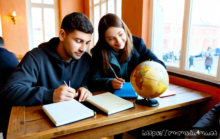 러시아어 사용국가 - Photorealistic international travel planning scene, a diverse group of adult friends from Eastern Eu...