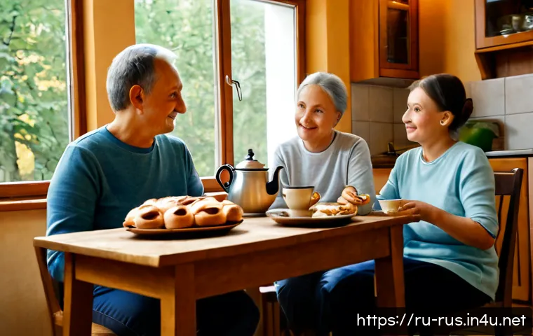Home 17 러시아어 문화 이해 - Photorealistic Russian family tea gathering in a warmly lit apartment kitchen, three generations sea...